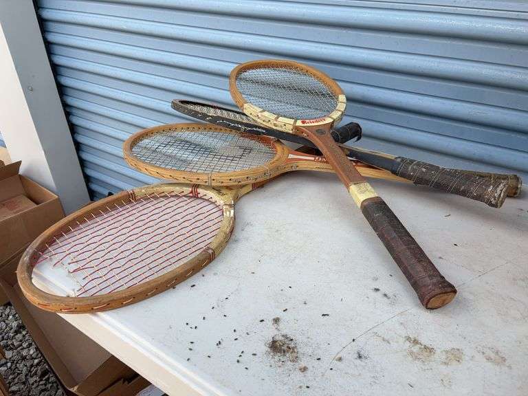 (4) racquets, baseball glove, toy bowling pin and game set