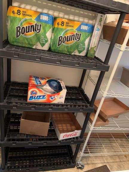 Plastic organizer 36” x 18” x 72” and contents including Tide Buzz