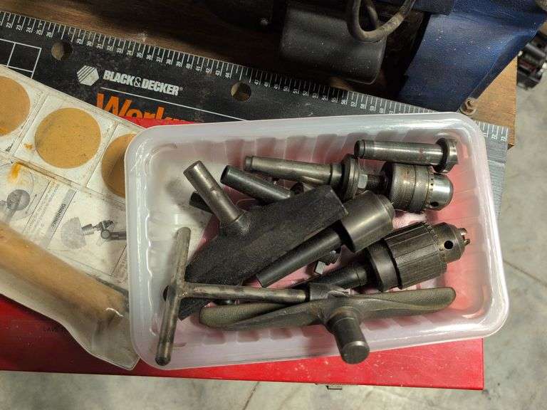 Fisch wood lathe machine, Black and Decker workmate, lathe bits, and woodworking tools