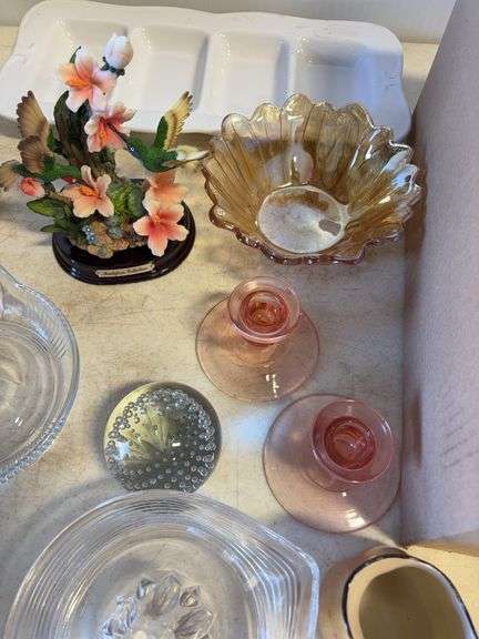 (2) boxes of glass dishes, cups, and more - pink depression, clear, and more