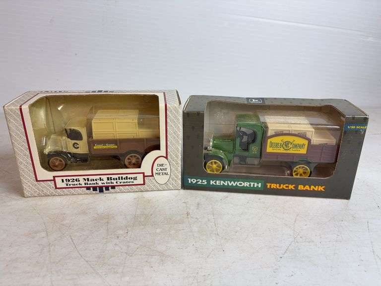 (2) model truck banks - Deere & Company - 1/30 scale & Mack Bulldog - 1/38 scale
