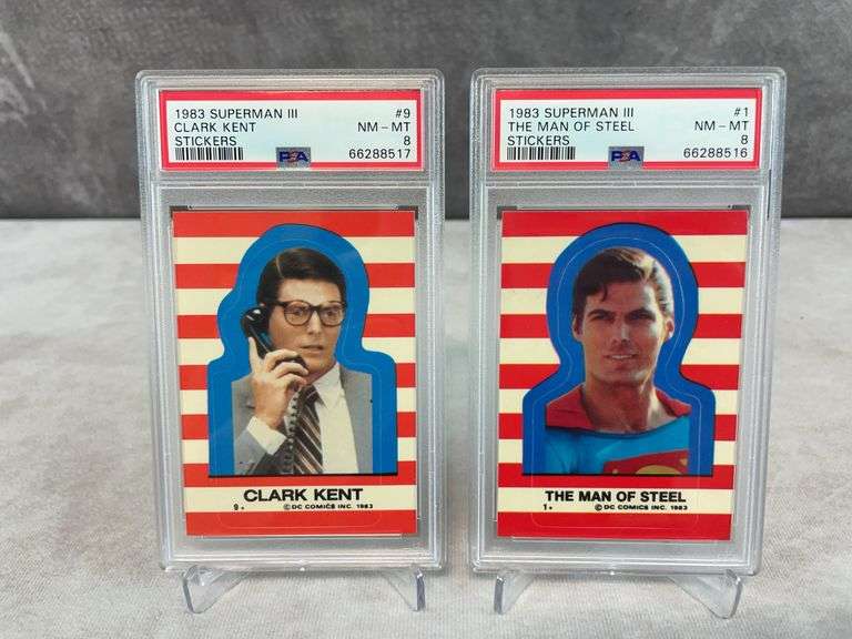 1983 Superman III Stickers 2 Card Lot #1 Man of Steel & #9 Clark kent Both PSA 8