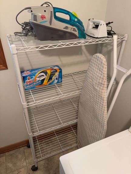 Metal rack 36” x 14” x 57” including Mr Clean magic reach, Dirt Devil Spot scrubber, Proctor Iron, a