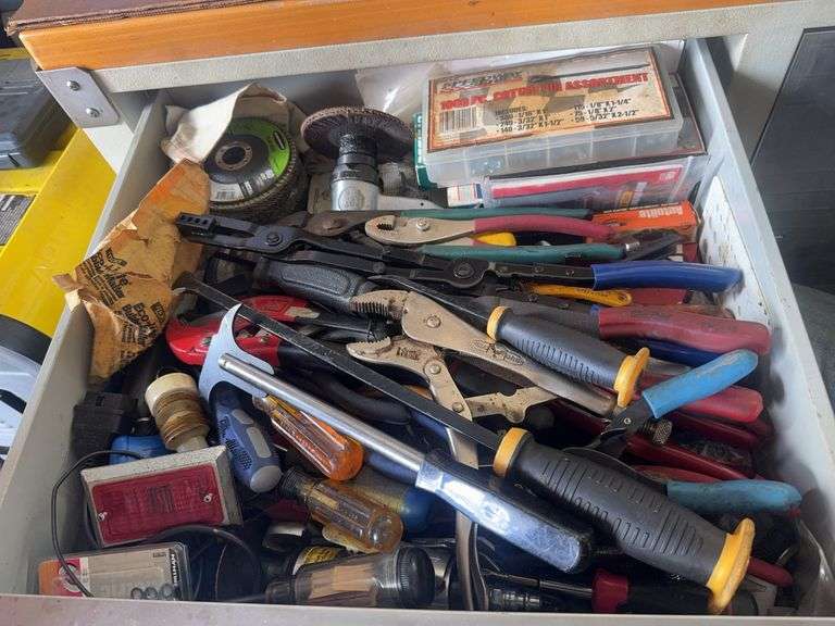 Drawer of Screwdrivers, Wrenches, Pry Bars, Sanders, Handheld Tools