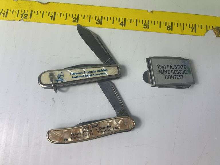 Bowman & The Elms Advertising Knives and 1981 Pa. State Mine Rescue Contest Money Clip