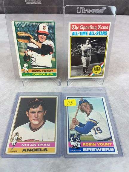 1976 Topps baseball: Robin Yount, Nolan Ryan, Babe Ruth, Brooks Robinson