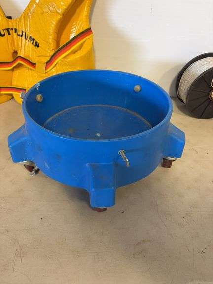 Bucket dolly, (2) life jackets, and string