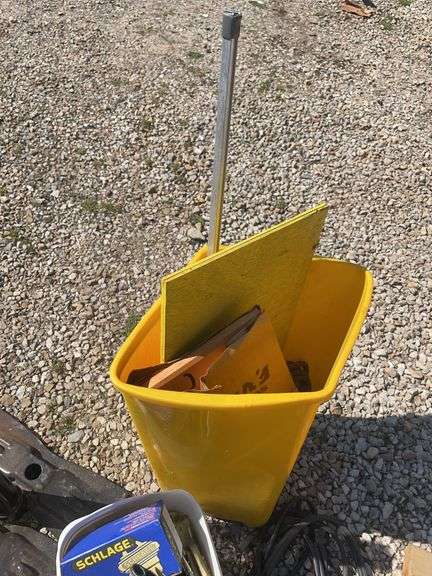 Large lot of misc. items including car seat, Rubbermaid trash barrel, radio parts, jumper cables, hy