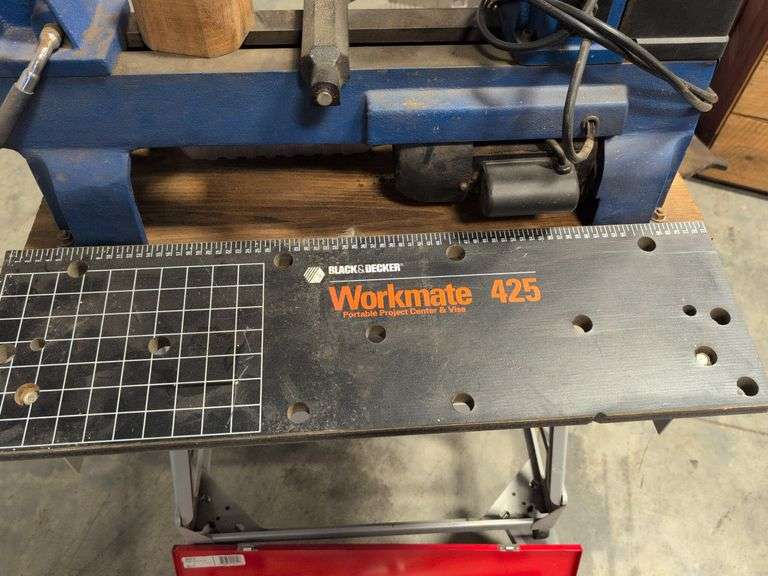 Fisch wood lathe machine, Black and Decker workmate, lathe bits, and woodworking tools