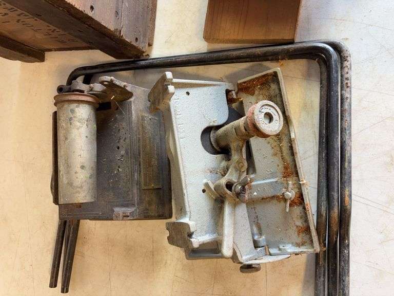 Crate with John Deere oil can, planer, and more