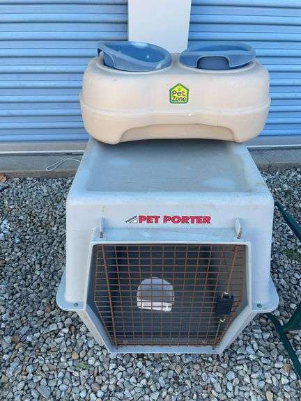 Pet Porter dog kennel and Pet Zone dog food & water dishes
