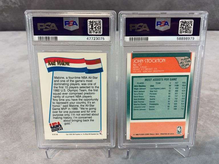 1988 Fleer All-Star #127 John Stockton PSA 8 & 1991 Hoops #580 Karl Malone USA Basketball PSA 9