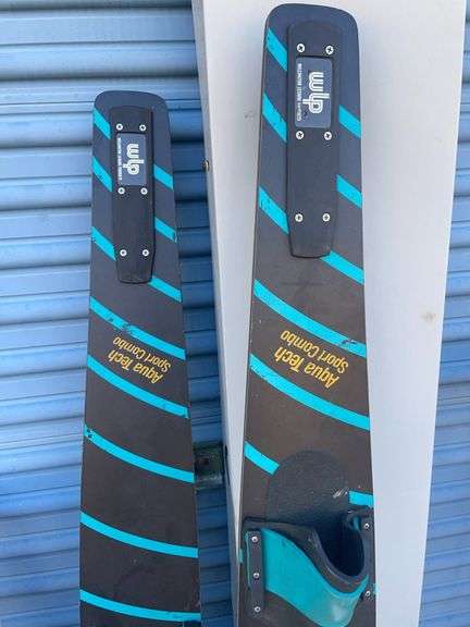 Golf bag with misc. clubs, skis and horseshoe game