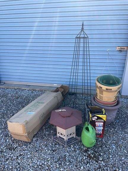 Assortment of Planters, sprayer, bird house, decorative stand and watering can