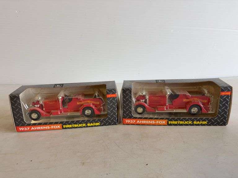 (2) 1937 John Deere firetruck banks - 1/30 scale, dirty boxes