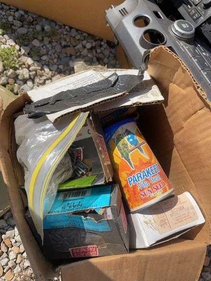 Large lot of misc. items including car seat, Rubbermaid trash barrel, radio parts, jumper cables, hy