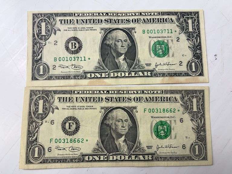 Two 2003 $1 Green Seal Star Notes