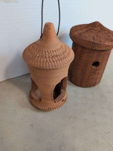 Terracotta pottery lantern and bird house - 10" tall