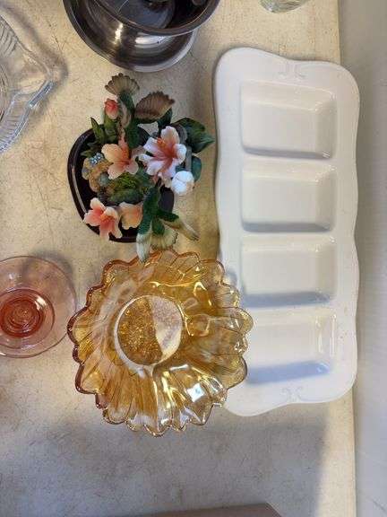 (2) boxes of glass dishes, cups, and more - pink depression, clear, and more