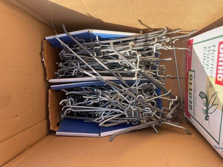 (2) boxes of hooks/shelving, mechanics chair and cord wheel