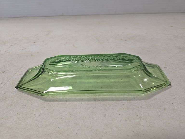GREEN HEISEY CELERY DISH MARKED