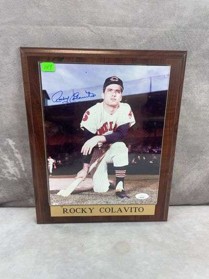 Rocky Colavito signed color 8X10, on a plaque, JSA