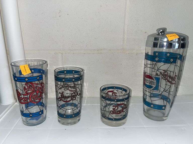 Pepsi-Cola Tiffany Style Cocktail Shaker and Glasses