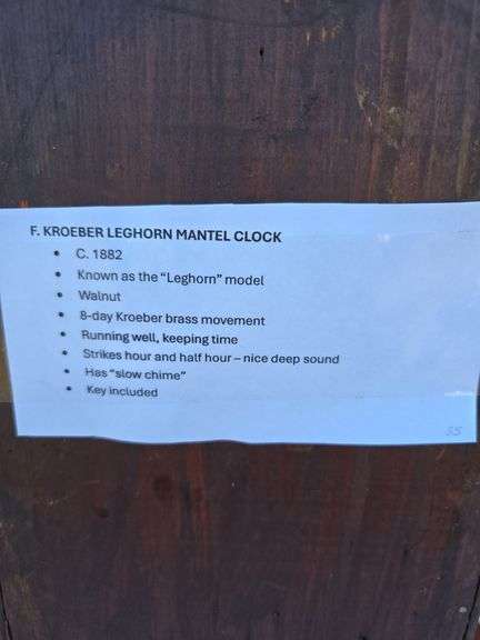 F. KROEBER LEGHORN 1882 WINDUP MANTLE CLOCK WORKS