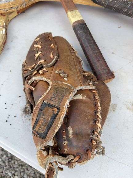 (4) racquets, baseball glove, toy bowling pin and game set