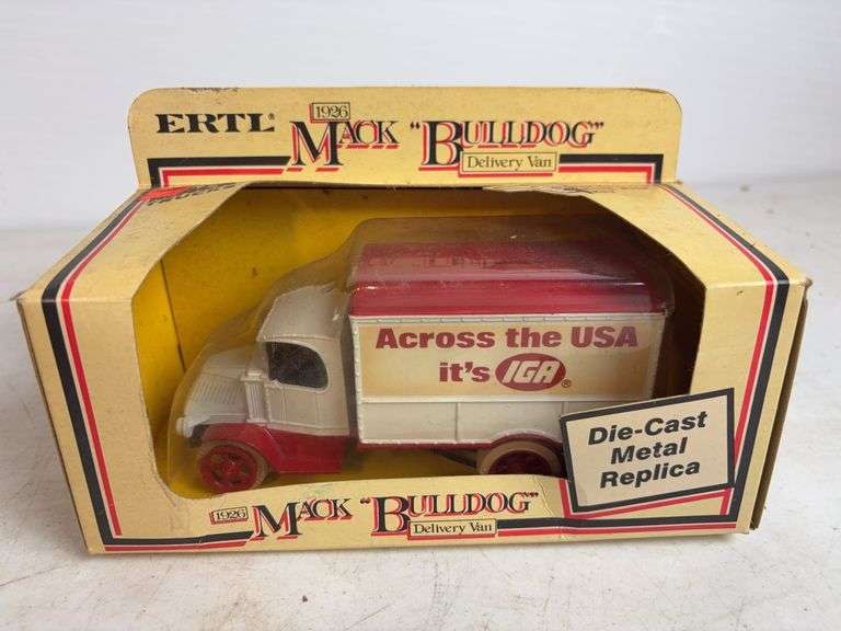 (3) Ertl diecast model car coin banks - '48 Chevy, '18 Ford, and '26 Mack "Bulldog" - (2) 1/25 scale