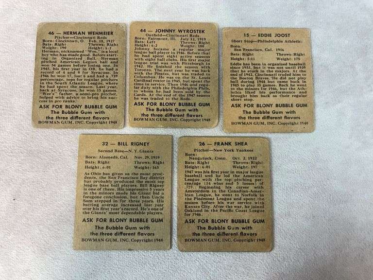 1948 Bowman baseball, 5 cards, no duplicates