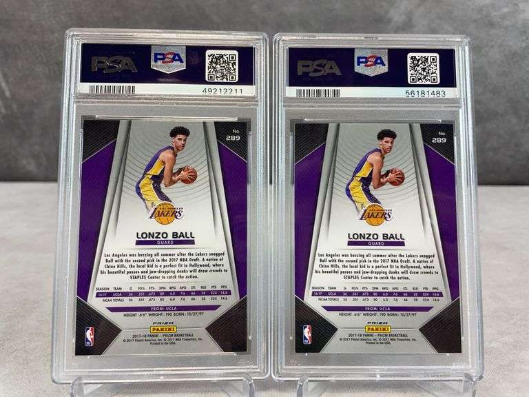 2017 Panini Prizm #289 Lonzo Ball RC Green Prizm PSA 9 & Lonzo Ball RC Fast Break Prizm PSA 9