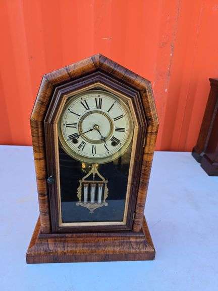 E.N.WELCH 1870'S WINDUP MANTLE CLOCK WITH SPECIAL PENDULUM, NO KEY, NEEDS ADJUSTED