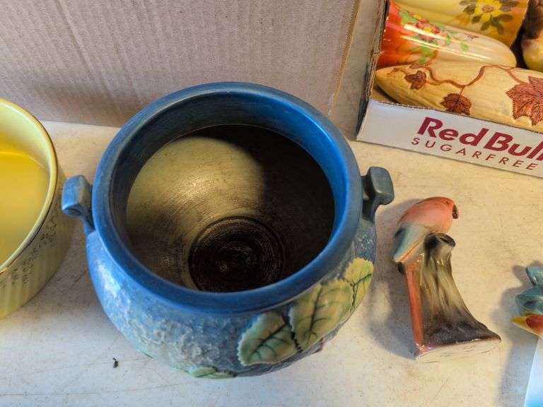 Roseville pottery piece with crack, other pottery, and decor