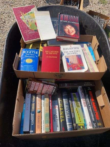 Box of books including The Hardy Boys, John Grisham, Technical writing and more