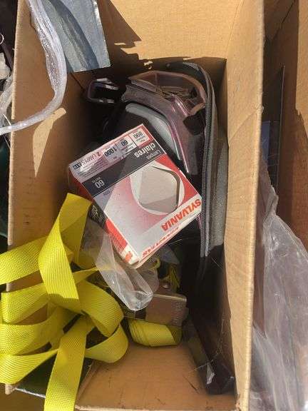 Large lot of misc. items including car seat, Rubbermaid trash barrel, radio parts, jumper cables, hy