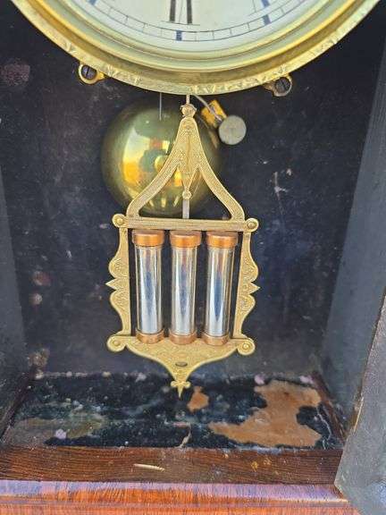 E.N.WELCH 1870'S WINDUP MANTLE CLOCK WITH SPECIAL PENDULUM, NO KEY, NEEDS ADJUSTED