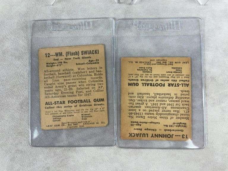 1948 Leaf football lot of 4, w/ Jonny Lujack, Frank Reagan, Clement, Flash Swiacki