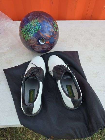 BOWLING BALL AND SIZE 9-1/2 BOWLING SHOES