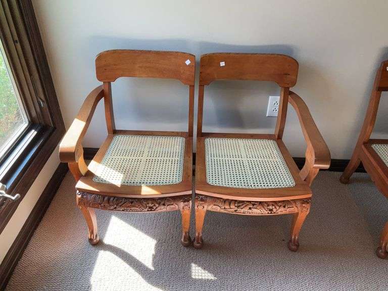 2 Spanish Wooden Cane Seating Loveseat Chairs