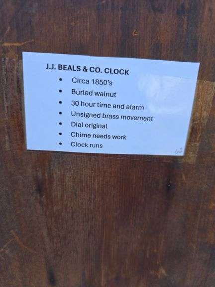 J.J. BEALS & CO. 1850'S WINDUP MANTLE CLOCK RUNS. CHIME NEEDS WORK