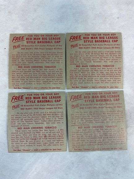 (4) 1955 Red Man Tobacco Cards - Schoendist, Jablonski, Kluszewski & Bell