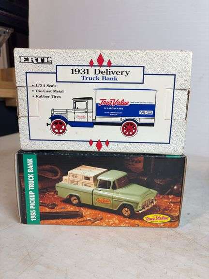 (2) True Value model truck banks - 1/25 and 1/34 scale, dirty