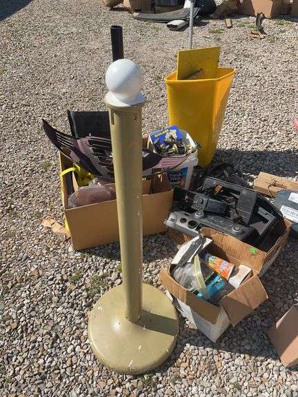 Large lot of misc. items including car seat, Rubbermaid trash barrel, radio parts, jumper cables, hy