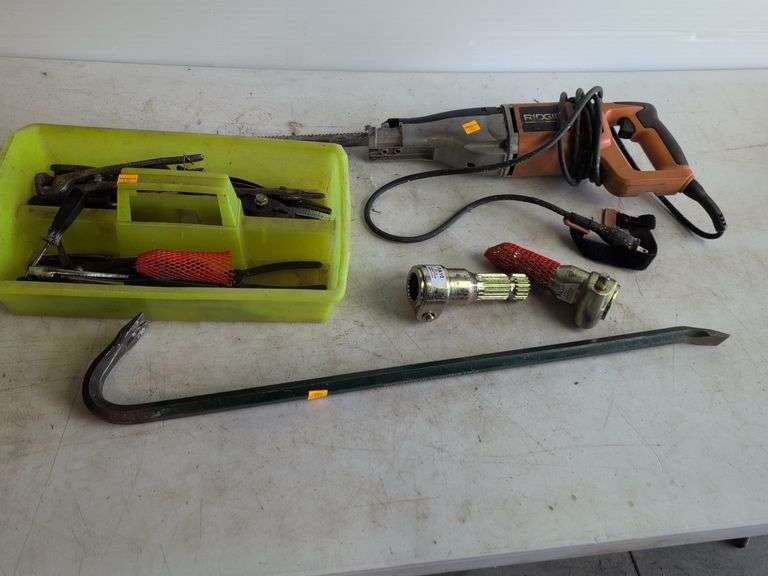 Ridgid sawzall, crow bar, pliers, and other hand tools