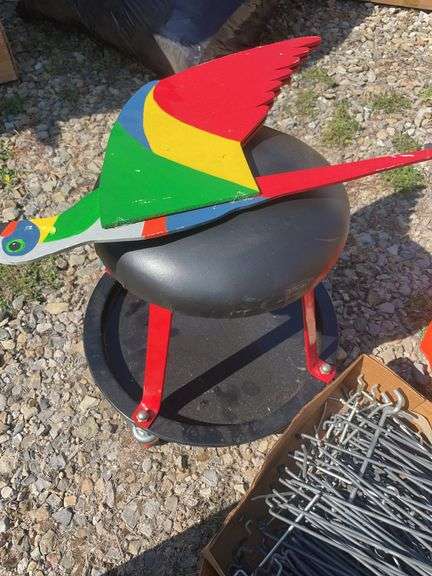 (2) boxes of hooks/shelving, mechanics chair and cord wheel