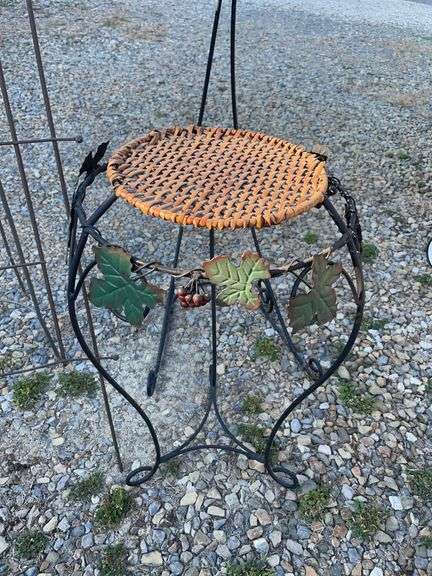 Assortment of garden decor/ plant stands, hanging basket hook and more