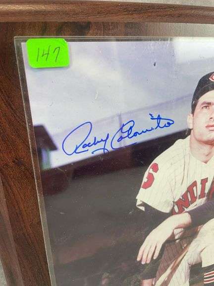 Rocky Colavito signed color 8X10, on a plaque, JSA