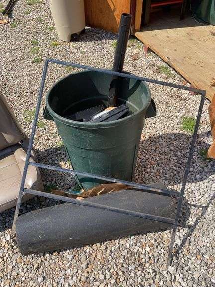 Large lot of misc. items including car seat, Rubbermaid trash barrel, radio parts, jumper cables, hy