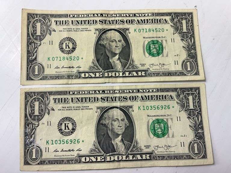 Two 2013 $1 Green Seal Star Notes